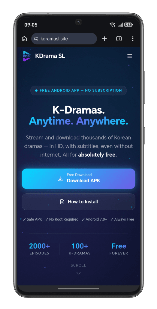 Android browser showing the KDSL download page with the Download APK button
