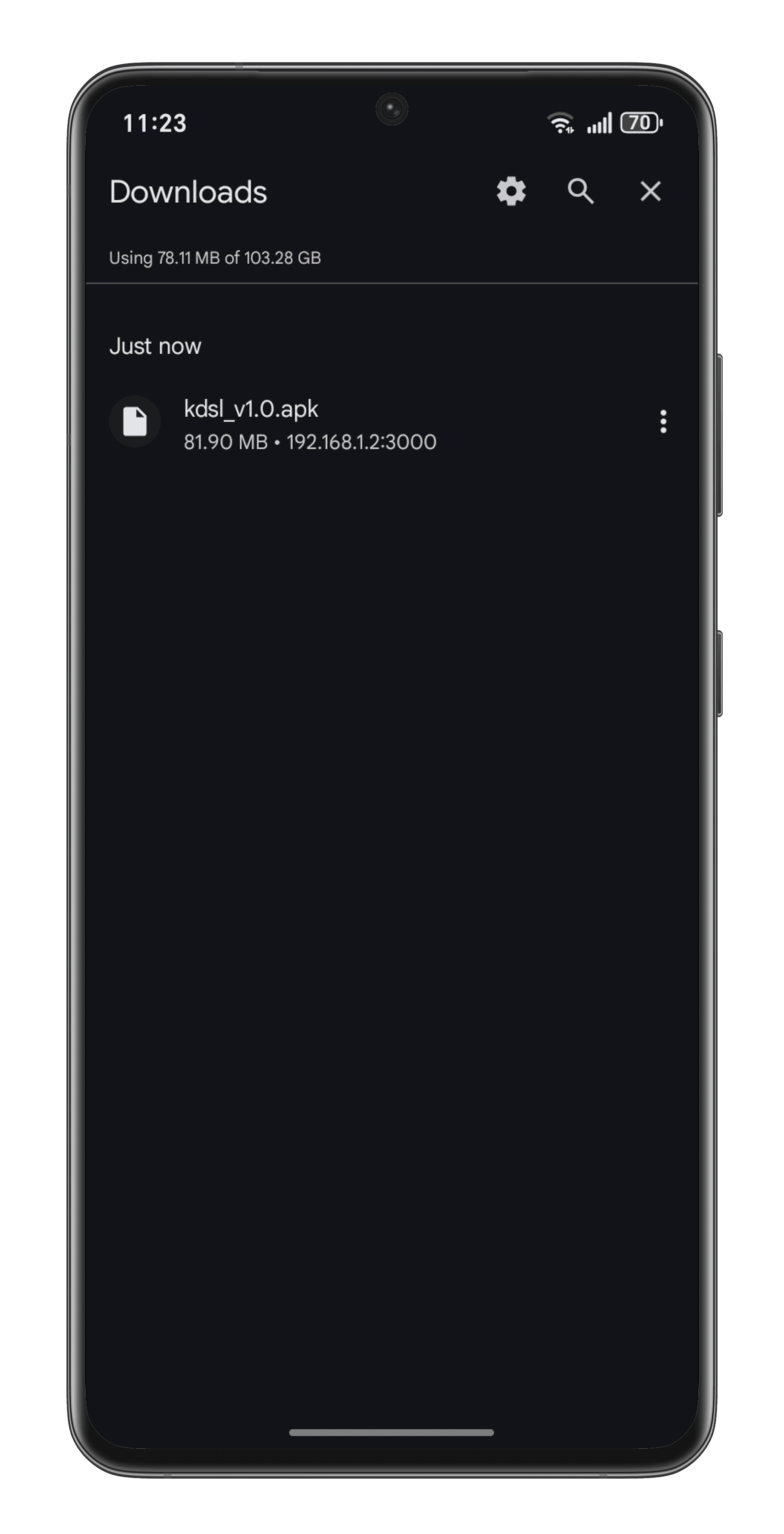 Android Downloads screen showing kdsl_v1.0.apk file ready to open