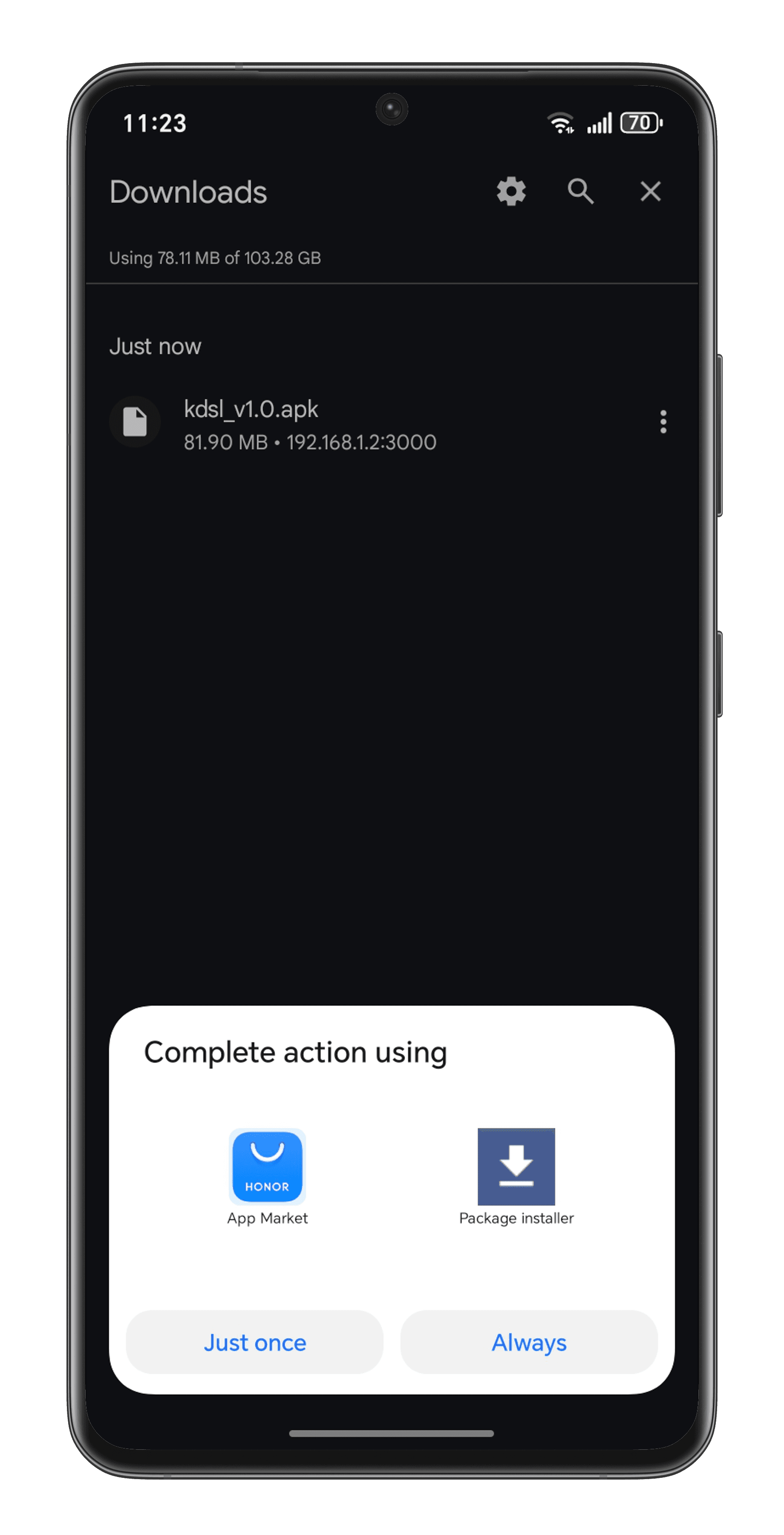 Android Complete action using dialog showing App Market and Package Installer options
