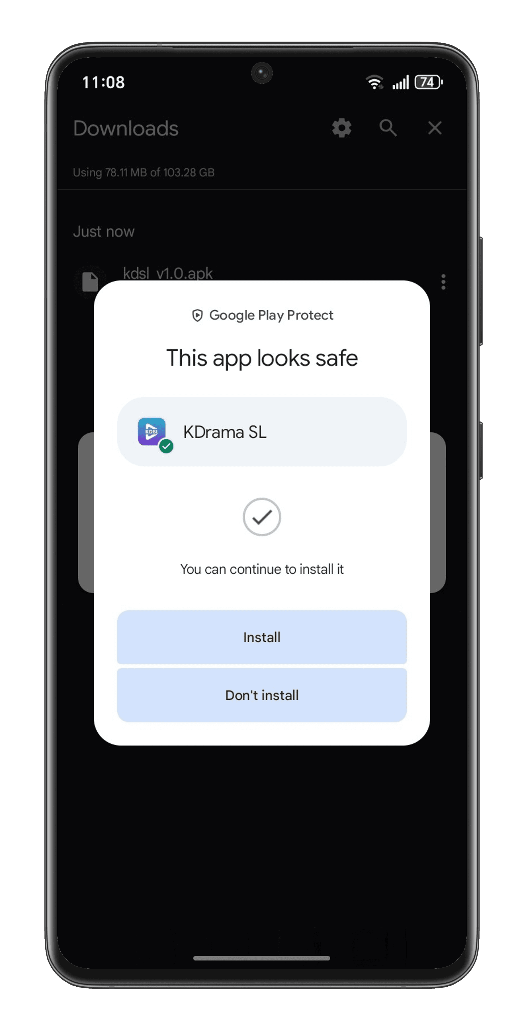 Google Play Protect App scan recommended screen showing KDrama SL app with Scan app button