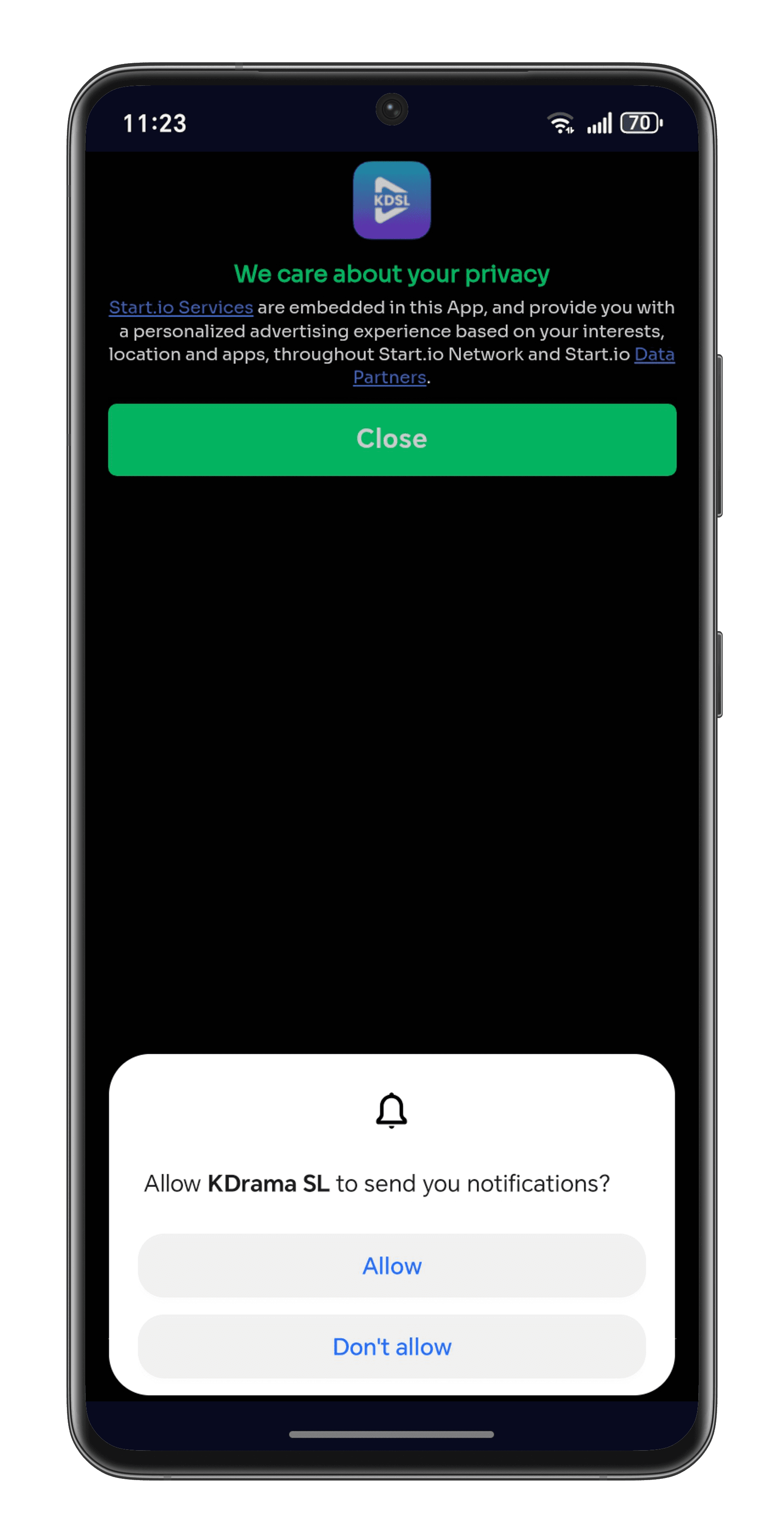 KDSL app first launch showing privacy notice and notification permission dialog