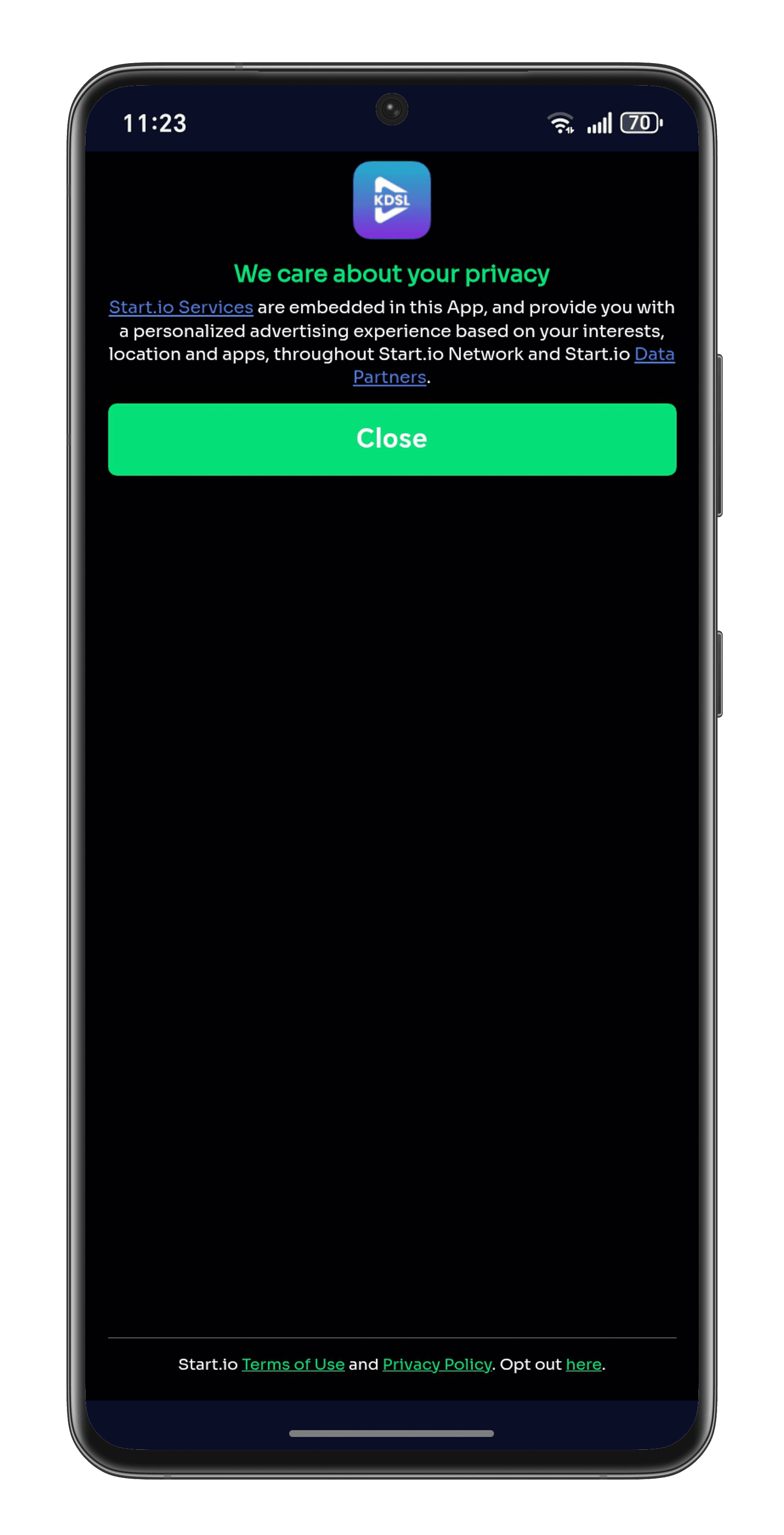 KDSL app showing full privacy notice screen with green Close button
