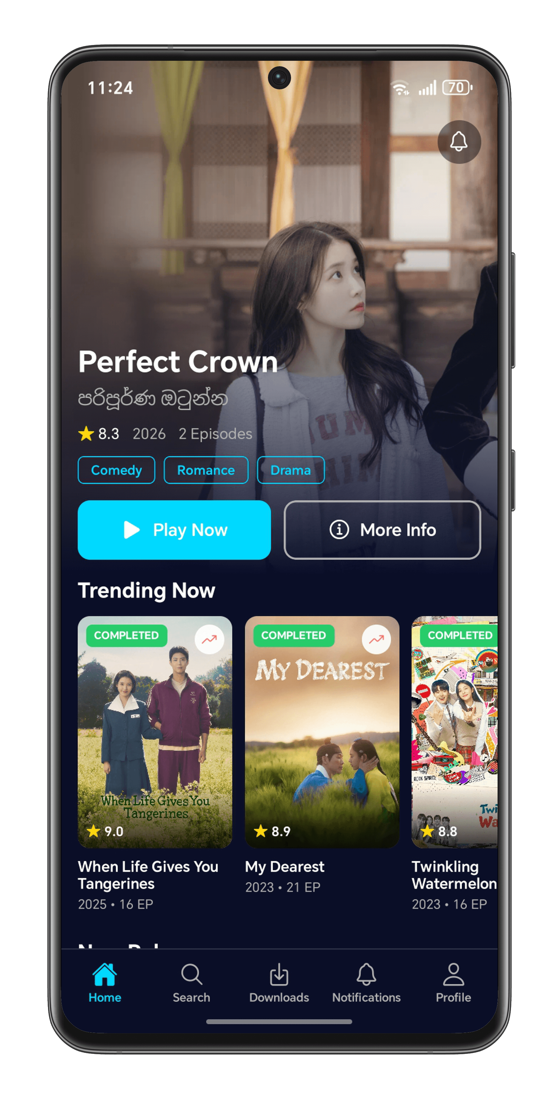 KDSL app home screen showing Perfect Crown drama and trending K-Dramas list